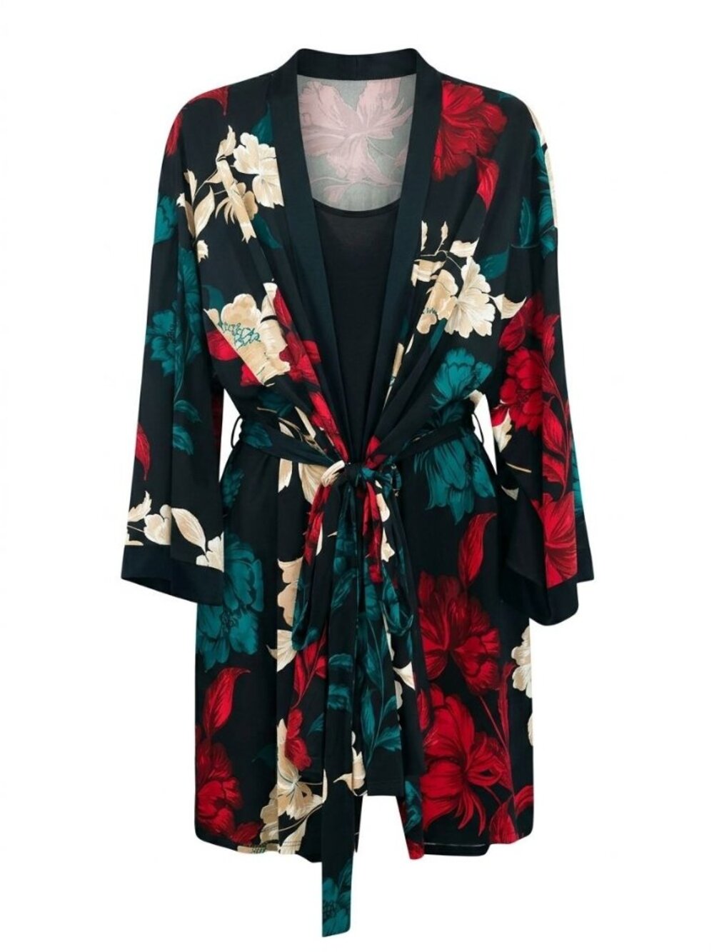 NWT Linea Donatella 3 Piece Pajama Set Sz L Black Floral Robe Cami Pants Kimono